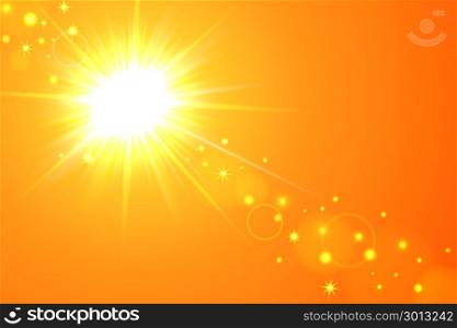 Sun and lens flare yellow background. Vector illustration of yellow sunny background with sun and lens flare