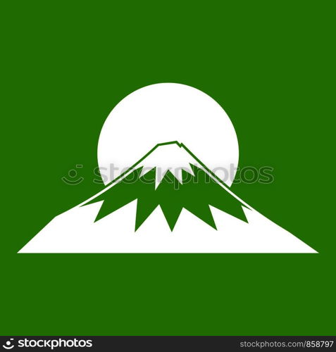 Sun and mountain icon white isolated on green background. Vector illustration. Sun and mountain icon green