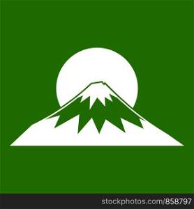 Sun and mountain icon white isolated on green background. Vector illustration. Sun and mountain icon green