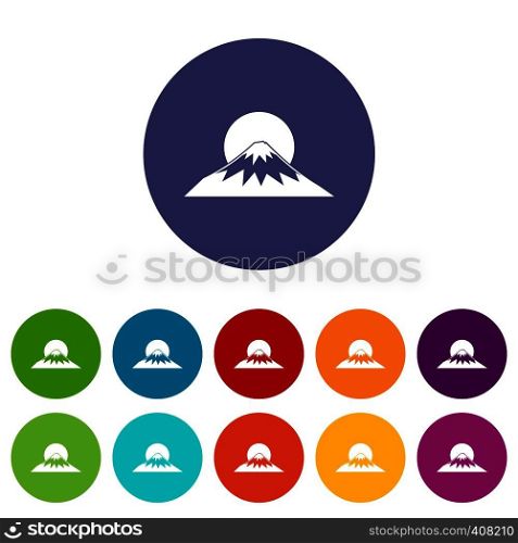 Sun and mountain set icons in different colors isolated on white background. Sun and mountain set icons