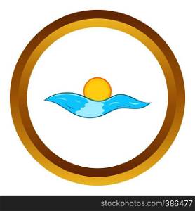 Sun and sea waves vector icon in golden circle, cartoon style isolated on white background. Sun and sea waves vector icon