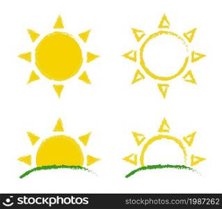 Sun and sunrise grunge logos set. Vector color emblems isolated on white. Sun and sunrise grunge logos set
