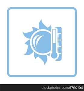 Sun and thermometer with high temperature icon. Blue frame design. Vector illustration.
