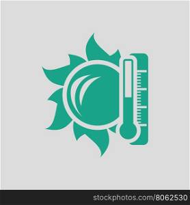 Sun and thermometer with high temperature icon. Gray background with green. Vector illustration.