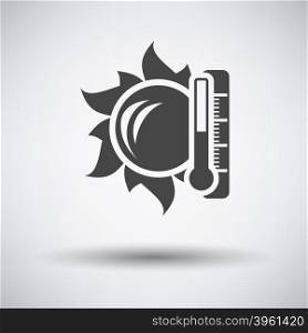 Sun and thermometer with high temperature icon on gray background with round shadow. Vector illustration.. Sun and thermometer with high temperature icon