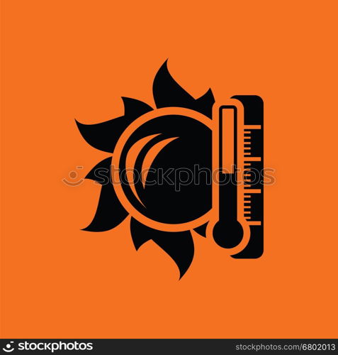 Sun and thermometer with high temperature icon. Orange background with black. Vector illustration.