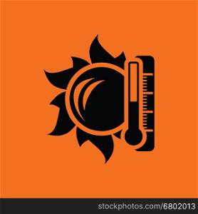 Sun and thermometer with high temperature icon. Orange background with black. Vector illustration.