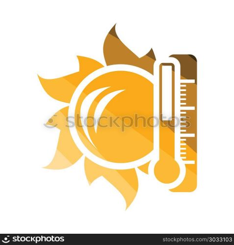 Sun and thermometer with high temperature icon. Sun and thermometer with high temperature icon. Flat color design. Vector illustration.