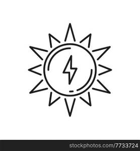 Sun and thunder lightning isolated green energy sources thin line icon. Vector sunrise and sunset sign, lightening bolt flash, thunderstorm weather forecast emblem. Green energy source, sunbeam. Thunder lightning and sun green energy sources