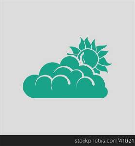 Sun behind clouds icon. Gray background with green. Vector illustration.