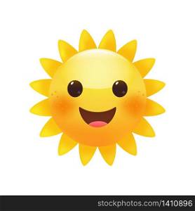 Sun bright yellow emoticon, cute happy summer face. Premium vector.