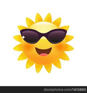 Sun bright yellow emoticon, happy summer face with sunglasses. Premium vector.