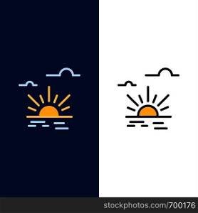 Sun, Brightness, Light, Spring Icons. Flat and Line Filled Icon Set Vector Blue Background