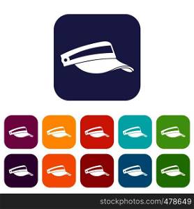 Sun cap icons set vector illustration in flat style in colors red, blue, green, and other. Sun cap icons set
