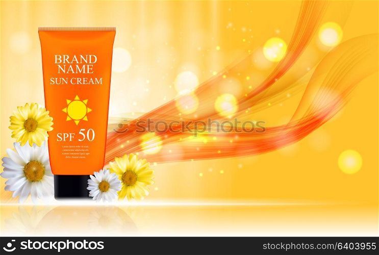 Sun Care Cream Bottle, Tube with Flowers Chamomile Template for Ads, Announcement Sale, Promotion New Product or Magazine Background. 3D Realistic Vector Iillustration. EPS10. Sun Care Cream Bottle, Tube with Flowers Chamomile Template for