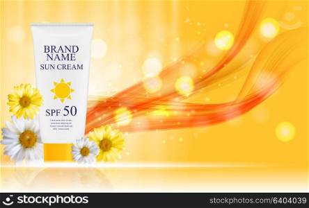 Sun Care Cream Bottle, Tube with Flowers Chamomile Template for Ads, Announcement Sale, Promotion New Product or Magazine Background. 3D Realistic Vector Iillustration. EPS10. Sun Care Cream Bottle, Tube with Flowers Chamomile Template for