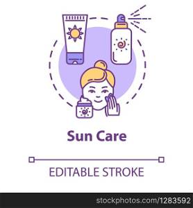 Sun care, sunscreens concept icon. Sun protection, facial skin care, sunblock cosmetics, spray and cream idea thin line illustration. Vector isolated outline RGB color drawing. Editable stroke
