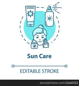 Sun care, sunscreens, sunblock cosmetics concept icon. Sun protection, skin care, facial spray and cream idea thin line illustration. Vector isolated outline RGB color drawing. Editable stroke