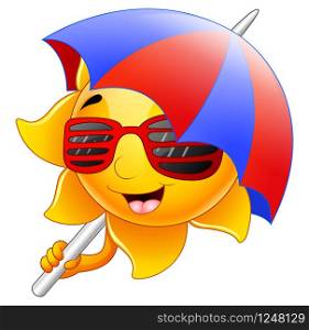 Sun character cartoon with sunglasses and umbrella