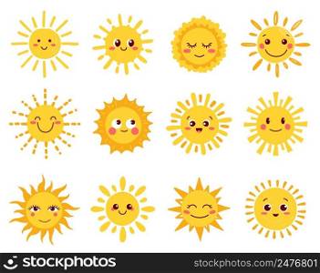 Sun characters, cartoon sunny faces and cute happy summer smiles, vector icon. Sun characters or sunshine, weather, fun emoji of funny hot yellow suns with smile expression and blush shine. Sun characters, cartoon sunny faces, happy smiles