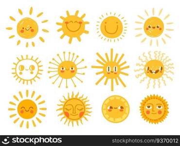 Sun characters. Cartoon sunshine emoji with funny faces. Children nursery decoration with sunny day designs. Kid happy morning vector set. Warm shining beams with smiling cheerful faces. Sun characters. Cartoon sunshine emoji with funny faces. Children nursery decoration with sunny day designs. Kid happy morning vector set