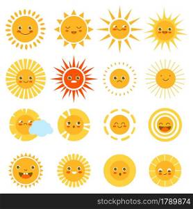 Sun characters. Cute happy summer weather icons, childish sunny emotion, funny beach smiles, sunshine baby emoji, yellow circles with different rays and faces. Print design vector isolated cartoon set. Sun characters. Cute happy summer weather icons, childish sunny emotion, funny beach smiles, sunshine baby emoji, yellow circles with different rays and faces. Print design vector cartoon set