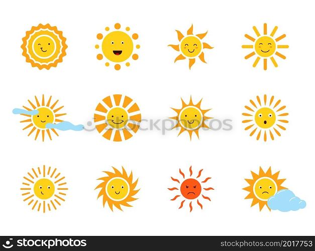 Sun characters. Different emotions cartoon cute sunshine faces, funny solar symbols, kids elements with smiles, anger and sadness, sunny and cloudy weather, yellow solar labels vector isolated set. Sun characters. Different emotions cartoon cute sunshine faces, funny solar symbols, kids elements with smiles, anger and sadness, sunny and cloudy weather, vector isolated set
