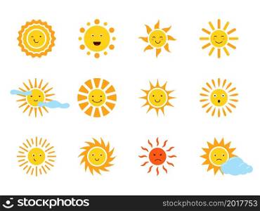 Sun characters. Different emotions cartoon cute sunshine faces, funny solar symbols, kids elements with smiles, anger and sadness, sunny and cloudy weather, yellow solar labels vector isolated set. Sun characters. Different emotions cartoon cute sunshine faces, funny solar symbols, kids elements with smiles, anger and sadness, sunny and cloudy weather, vector isolated set
