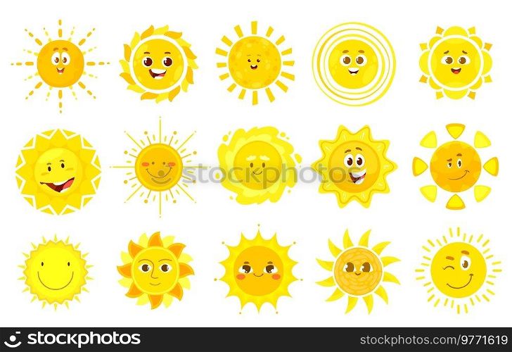 Sun characters, kid cartoon smiles with happy face, sunny weather vector icons. Funny cute sun characters or cheerful sunny emoji and emoticons with expressions, sun shine winking, laughing in smile. Sun characters, kid cartoon smiles with happy face