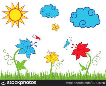 Sun clouds and butterflies over flowering meadow in spring or summer day, cartoon childish vector illustration. Sun and clouds over flowering meadow. Sun and clouds over flowering meadow