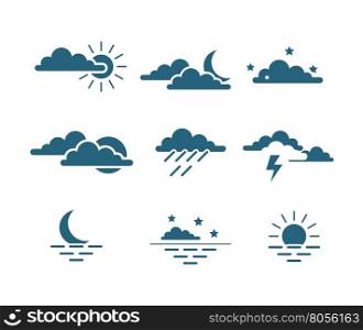 sun, clouds, lightning, moon, stars and sea sunset weather icon set isolated vector illustration