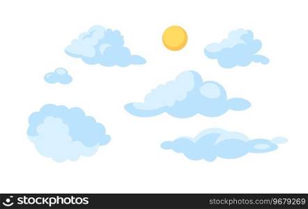 Sun cloudscape cartoon flat illustration. Clouds sunshine 2D cloudscape isolated on white background. Weather forecast. Sunny cumulus. Meteorology. Morning peaceful sky scene vector color image. Sun cloudscape cartoon flat illustration