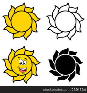 Sun collection. Cartoon, silhouette and outline icon. Vector illustration isolated on white background.