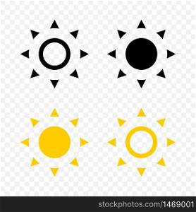 Sun collection. Sun vector icons, isolated on transparent background. Sun rays yellow and black color in flat design. Vector illustration