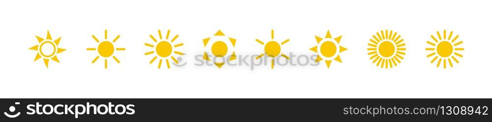Sun collection. Sun vector icons, isolated on white background. Sun yellow icons different shapes in modern simple flat design. Vector illustration