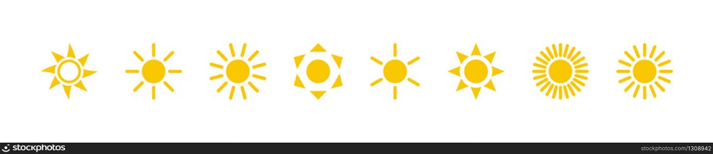 Sun collection. Sun vector icons, isolated on white background. Sun yellow icons different shapes in modern simple flat design. Vector illustration