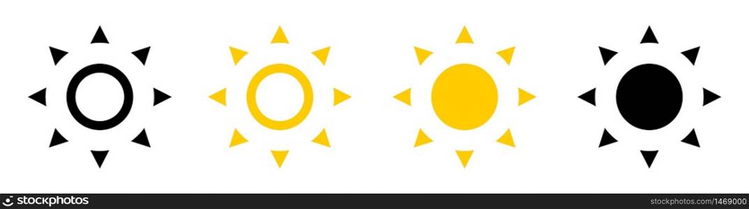 Sun collection. Sun vector icons, isolated on white background. Sun rays yellow and black color in flat design. Vector illustration