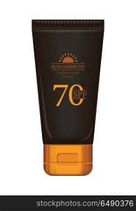 Sun Cream Professional Series. Sun cream professional series. Solar defence. Sun cosmetic. Brown and gold plastic tube for sun block, 70 SPF. Product for body and skin care, beauty, health, freshness, youth. Realistic illustration