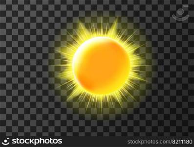 Sun disk with rays, weather meteo icon cartoon vector illustration. Yellow shiny sun with radiant light. Element for weather forecast, isolated on transparent background. Sun disk with rays, weather meteo icon