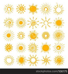 Sun doodle icons set. Sun illustration. Vector hands drawn sun icons, doodle cartoon morning summer sketch suns isolated on white background