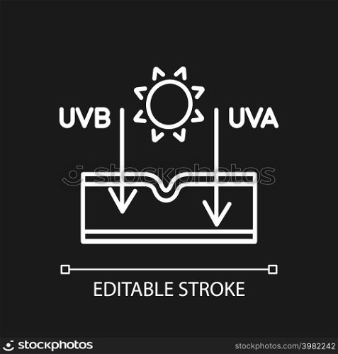 Sun effect on skin white linear icon for dark theme. Ultraviolet rays types. Sun exposure damage. Thin line illustration. Isolated symbol for night mode. Editable stroke. Arial font used. Sun effect on skin white linear icon for dark theme