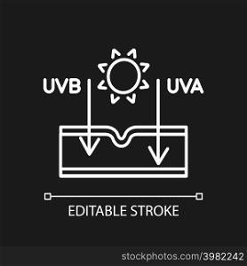 Sun effect on skin white linear icon for dark theme. Ultraviolet rays types. Sun exposure damage. Thin line illustration. Isolated symbol for night mode. Editable stroke. Arial font used. Sun effect on skin white linear icon for dark theme
