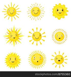 Sun emoji. Cute funny summer sunshine faces, cartoon happy emotions smile, nature fun smiles, children baby yellow hand drawn, sunny logo weather, characters sunny, neat vector illustration. Sun emoji. Cute funny summer sunshine faces, cartoon happy emotions smile, nature fun smiles, children baby yellow hand drawn, sunny logo weather