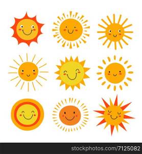 Sun emoji. Funny summer sunshine, sun baby happy morning emoticons. Cartoon sunny smiling faces vector icons. Illustration of sun heat, emoji and emotion mascot. Sun emoji. Funny summer sunshine, sun baby happy morning emoticons. Cartoon sunny smiling faces vector icons