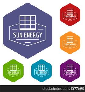 Sun energy icons vector colorful hexahedron set collection isolated on white . Sun energy icons vector hexahedron
