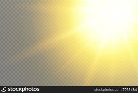 Sun flare effect with bright gold sun rays and transparency. Vector realistic light effect.