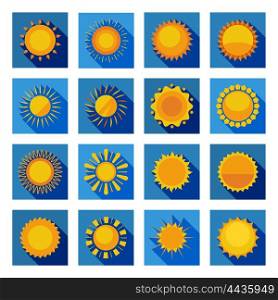 Sun Flat Icons In Isolated Blue Squares . Orange and yellow decorative sun circles with sunbeams in isolated blue squares flat vector illustration
