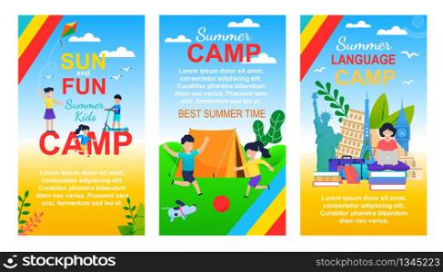 Sun Fun Kids Camp Best Summer Time. Language Camp Banner Set. Children Holidays Leisure Vector Illustration. Happy Girl and Boy Play Games Outdoors. Learning Languages Abroad Study English. Kids Fun Best Summer Time Language Camp Holidays