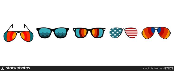 Sun glasses icon set. Flat set of sun glasses vector icons for web design isolated on white background. Sun glasses icon set, flat style