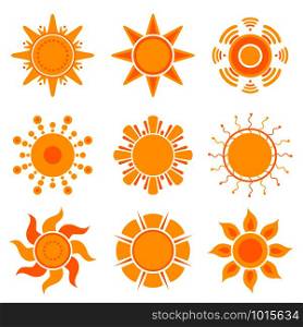 Sun graphics. Summer weather sunshine symbols vector yellow collection. Illustration of sun orange shine sunshine, solar energy. Sun graphics. Summer weather sunshine symbols vector yellow collection
